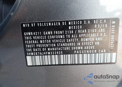 2015 Volkswagen Jetta 2.0L S из США, поврежденный, VIN 3VW2K7AJ4FM322825